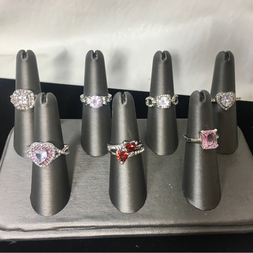 Lot of 7 Silver Toned Fashion Jewelry Rings Size 7 8 CZ Love Heart pink red